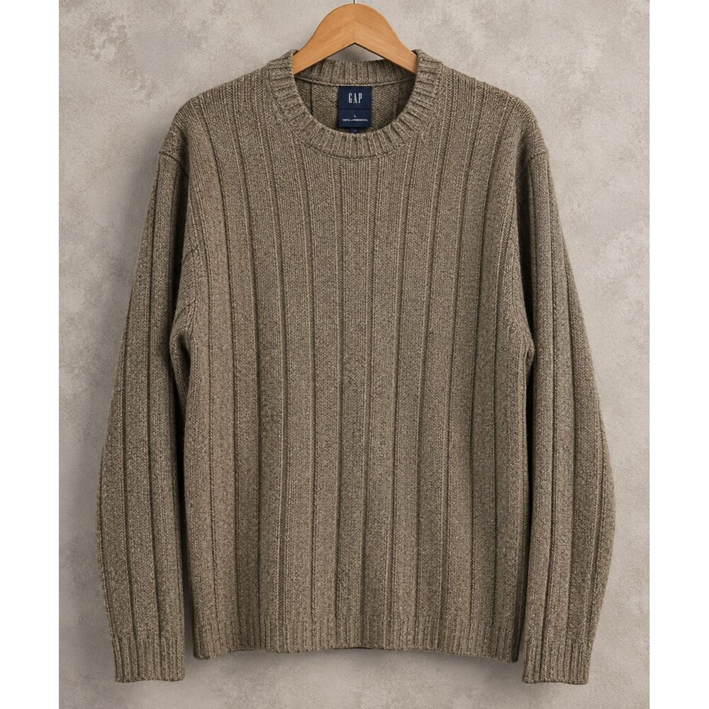 VINTAGE GAP Lambswool Sweater Men L Fisherman Rib Knit Brown 100% Wool